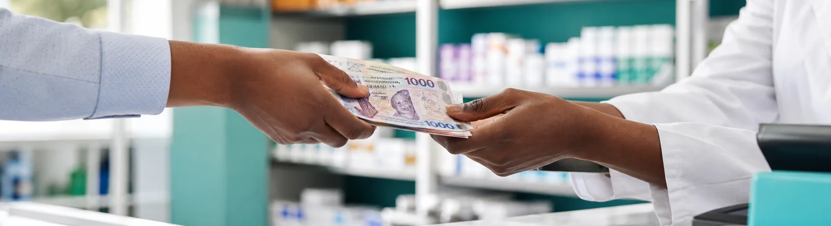 A pharmacy cashier receiving a cash payment from a customer